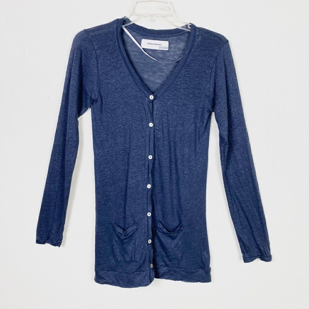 Zara Collection Navy Blue 100% Linen Button Up Cardigan Sweater